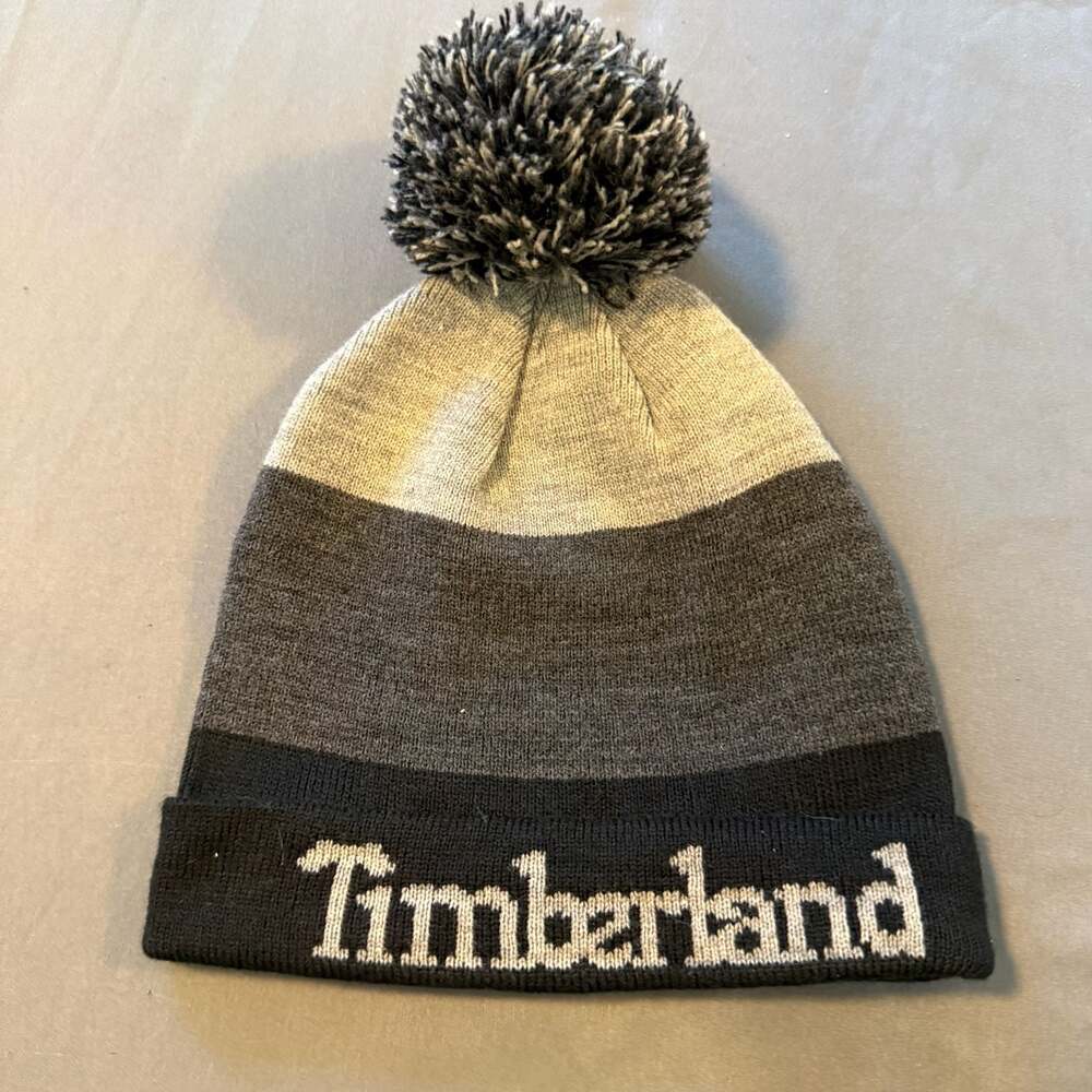 YOUTH Timberland Pom Pom Beanie Gray Black Fleece Lined Winter Hat